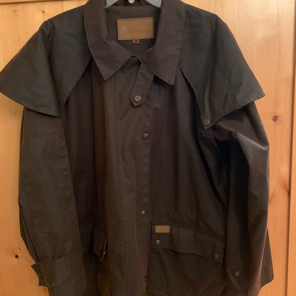 Men’s waxed jacket, with short cape.  Bush Ranger?